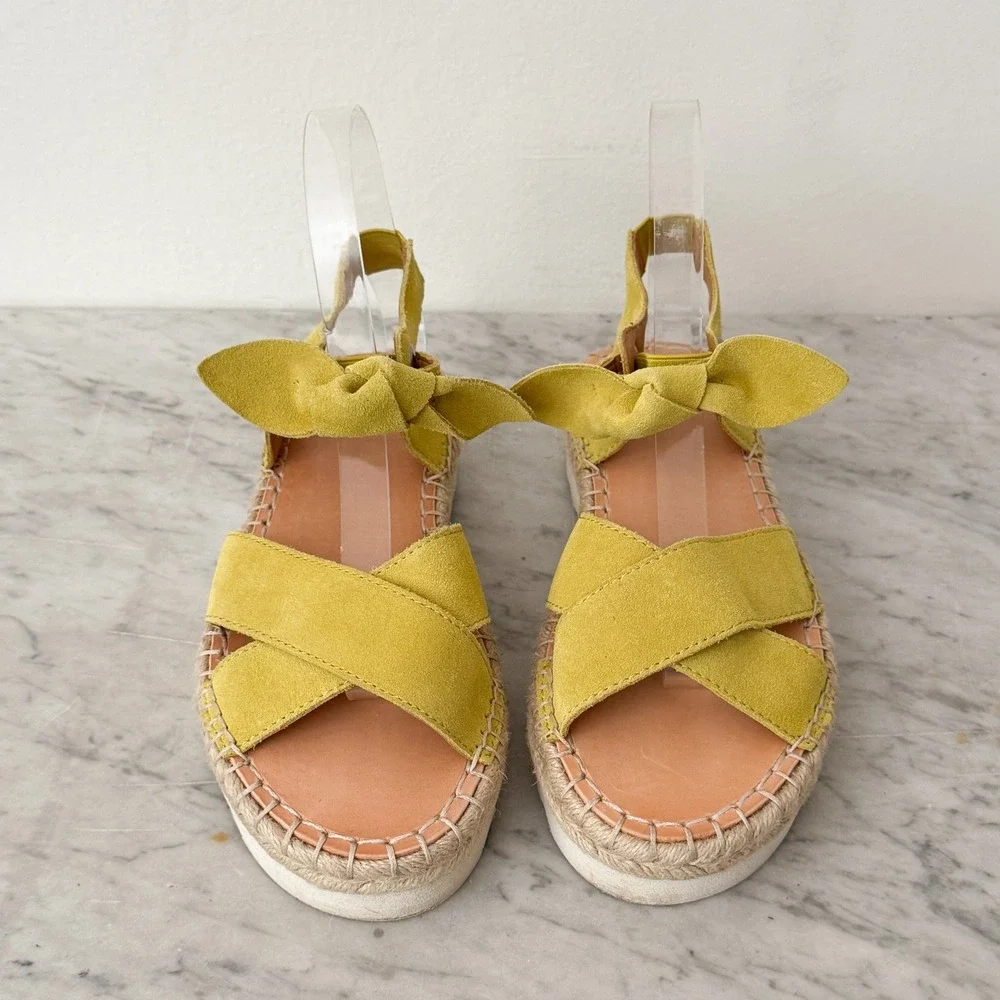 Frye and Co Espadrille Sandals Suede Bow Platform Yellow Crisscross Straps 7.5